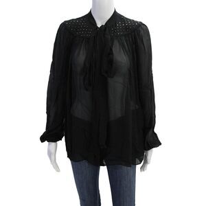 N 21 Womens Silk Bedazzled Long Sleeve Tied Button-Down Shirt Black Size 40